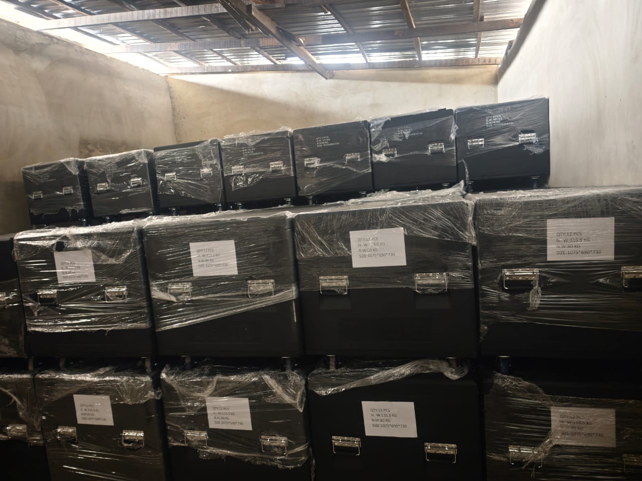 Wrapped equipment cases stored in ZIKO's warehouse