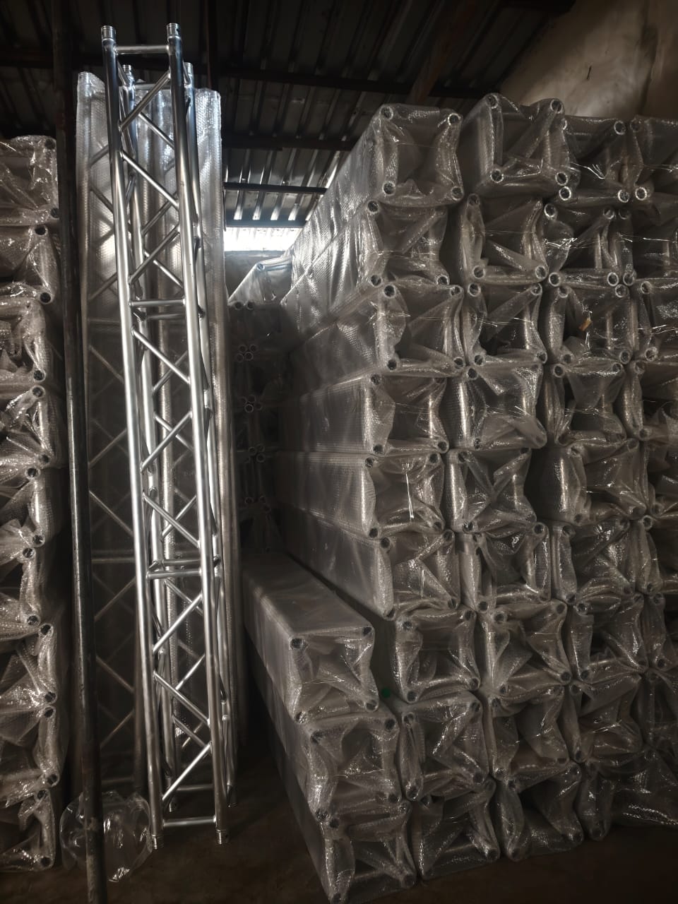 Stage truss sections organized in the warehouse